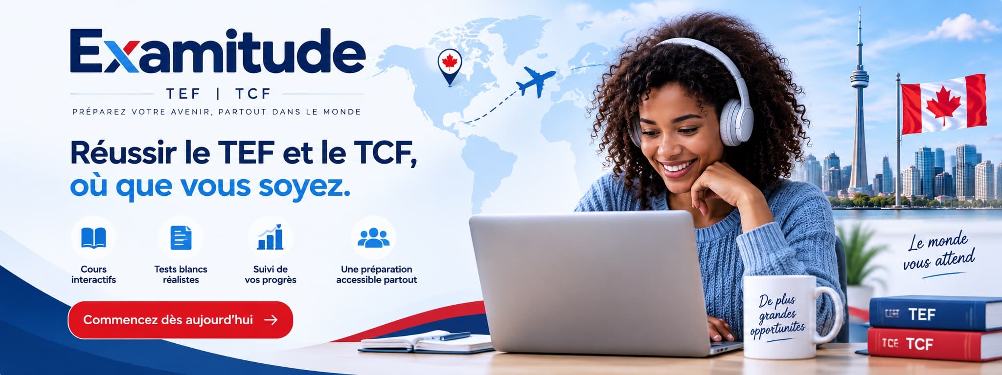 Examitude, TEF et TCF : réussir le TEF et le TCF, où que vous soyez. Cours interactifs, tests blancs réalistes, suivi de vos progrès, préparation accessible partout. Commencez dès aujourd'hui.