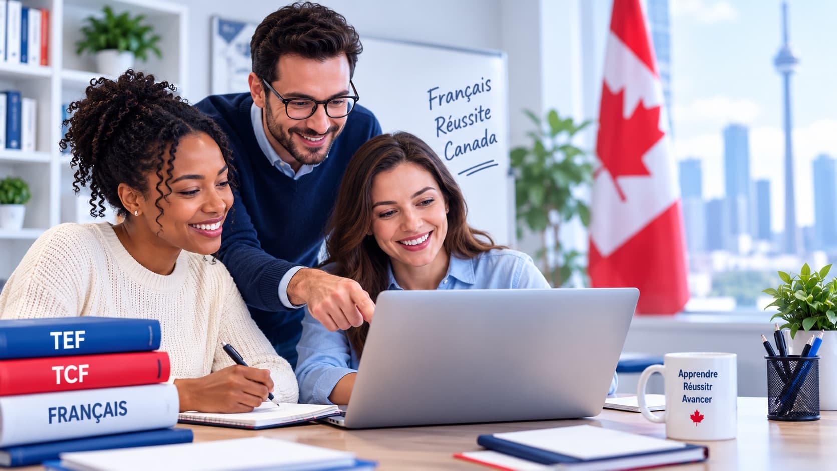 Trois formateurs de français réunis autour d'un ordinateur portable, tableau blanc et drapeau du Canada en arrière-plan