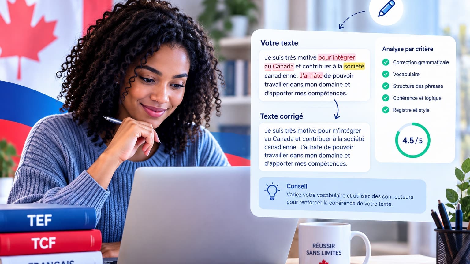 Une candidate lit la correction de son texte : erreurs surlignées, version corrigée, note par critère et conseil