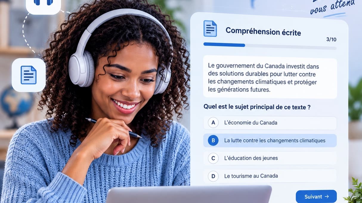 Une candidate, casque sur les oreilles, répond à un exercice de compréhension écrite sur son ordinateur