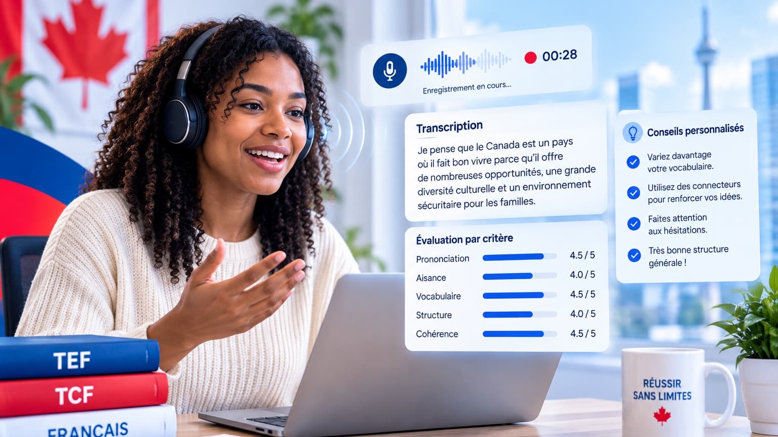Une candidate, casque sur les oreilles, s'enregistre à l'oral ; à l'écran la transcription, les notes par critère et des conseils