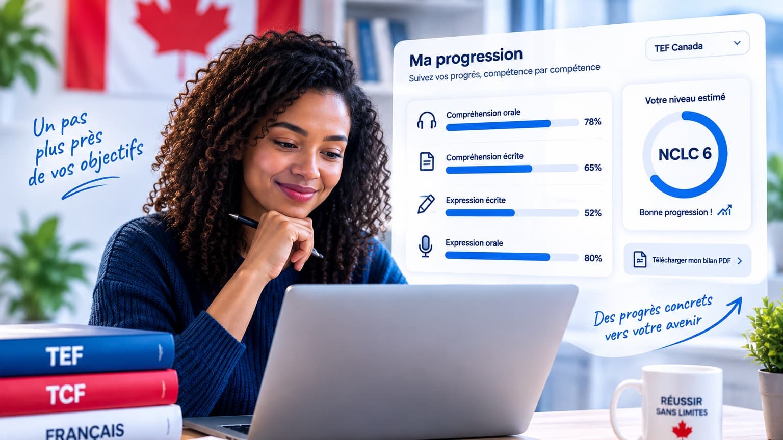 Une candidate consulte sa progression : barres par compétence, niveau NCLC estimé et bilan PDF à télécharger