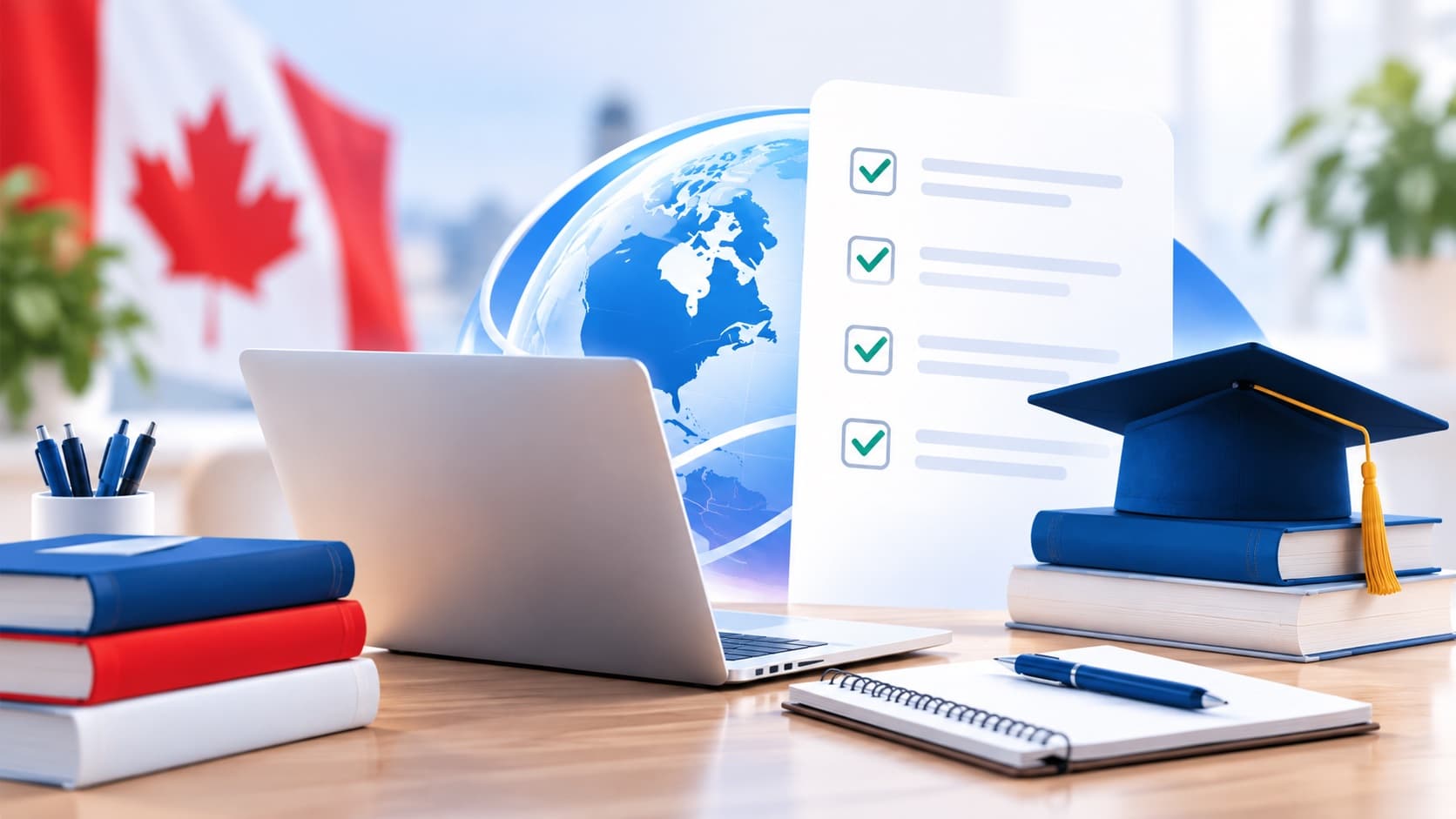 Un bureau de préparation : ordinateur portable, liste de vérification cochée, globe, livres et toque de diplômé devant un drapeau du Canada